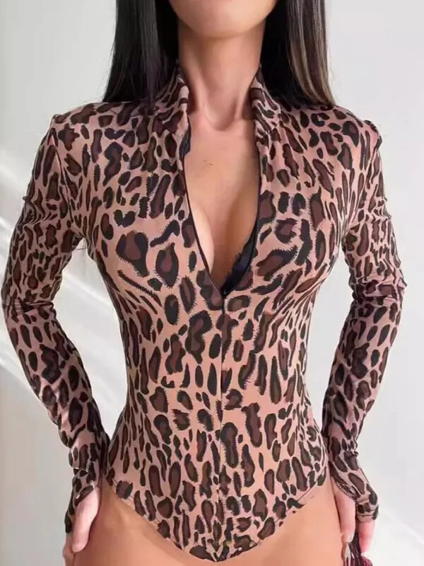 Toamna 2024 Body cu imprimeu leopard pentru femei, cu mânecă lungă, cu fermoar, salopete dintr-o bucată Topuri pentru club de noapte, îmbrăcăminte stradală, ținută sportivă, fitness