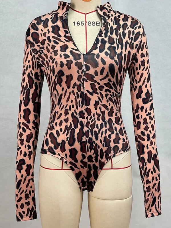 Toamna 2024 Body cu imprimeu leopard pentru femei, cu mânecă lungă, cu fermoar, salopete dintr-o bucată Topuri pentru club de noapte, îmbrăcăminte stradală, ținută sportivă, fitness