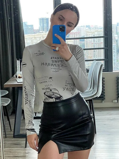 Vasaras modes vēstules karikatūras drukas bodijs viengabala izdilis, tievs, garām piedurknēm ar apaļu kaklu apakšveļa Seksīgs ikdienišķs festivāla apģērbs