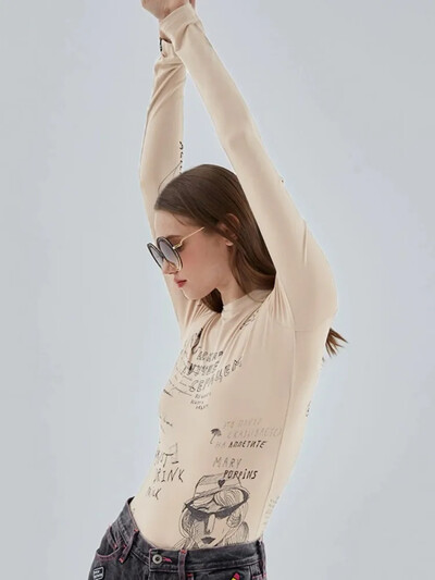 Vasaras modes vēstules karikatūras drukas bodijs viengabala izdilis, tievs, garām piedurknēm ar apaļu kaklu apakšveļa Seksīgs ikdienišķs festivāla apģērbs