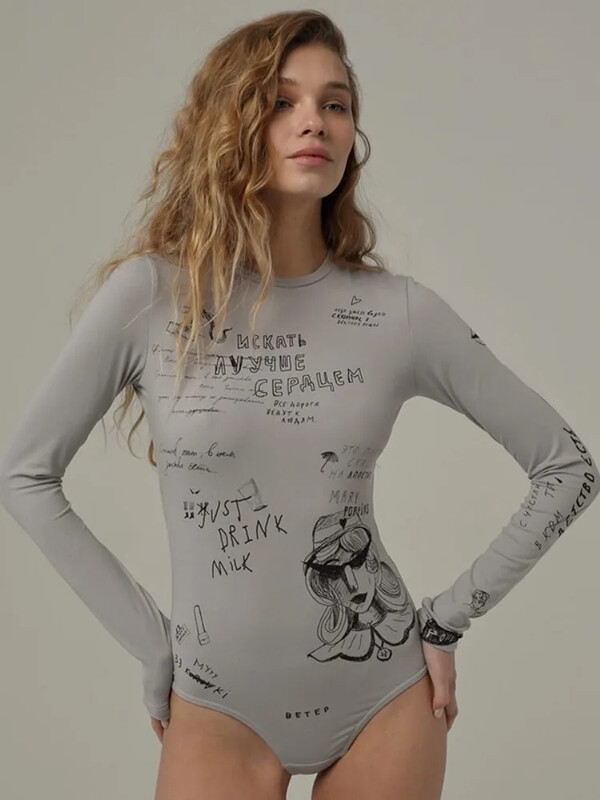 Vasaras modes vēstules karikatūras drukas bodijs viengabala izdilis, tievs, garām piedurknēm ar apaļu kaklu apakšveļa Seksīgs ikdienišķs festivāla apģērbs