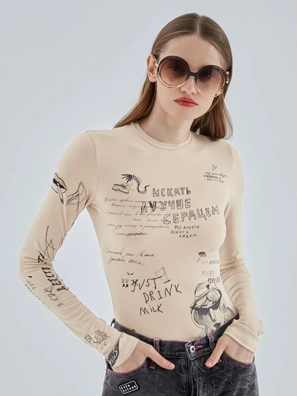 Vasaras modes vēstules karikatūras drukas bodijs viengabala izdilis, tievs, garām piedurknēm ar apaļu kaklu apakšveļa Seksīgs ikdienišķs festivāla apģērbs