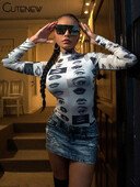 Cutenew sieviešu raibs bruņurupuču bodijs ar apdruku ar garām piedurknēm Jauni, vienkrāsaini topi Kluba ballīšu apģērbs 2023. gada rudens ielas apģērbs