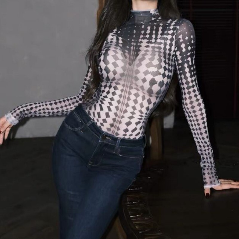 Pikantiški mergaičių marškinėliai su tinkleliu apatine apačia, moteriški marškinėliai su puse kaklo Seksualūs, ploni, vientisi viršūnės, elastingi, aptempti, ilgomis rankovėmis