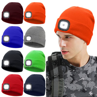 Gaismas diodes cepures unisex trikotāžas beanie ar galvas lampu, USB uzlādējams lukturītis 4 LED pupiņas adītas cepures makšķerēšanas cepures