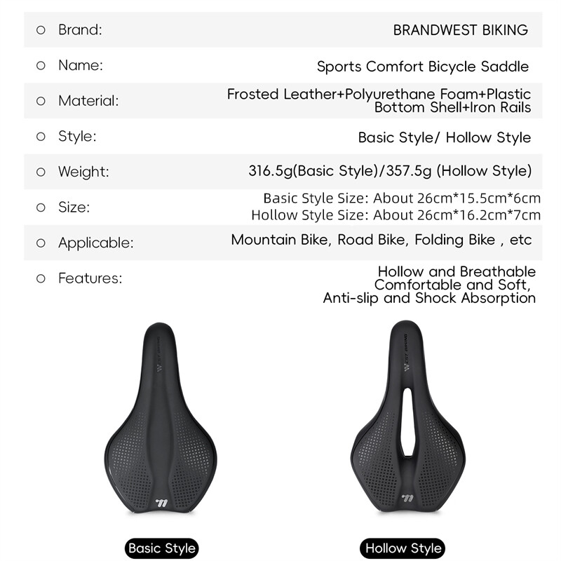 WEST BIKING Șaua de bicicletă goală, respirabilă, pernă de scaun moale MTB, care absoarbe șocurile, anti-alunecare, din piele, bicicletă de drum, șa ușoară