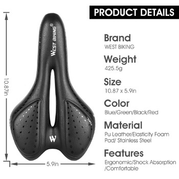 WEST BIKING Σέλα ποδηλάτου MTB Mountain Road Bicycle Seat PU Δερμάτινο Gel Ανώδυνο ποδηλατικό μαξιλάρι BMX Άνετα αντικραδασμικά ανταλλακτικά