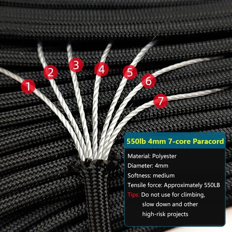7 serdeņi 550 Paracord vads 100 M diametrā 4 mm, paredzēts izdzīvošanai āra kempingā.