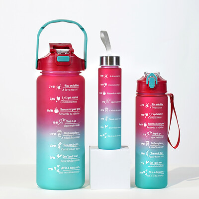 Komplekts ar 3 lielas ietilpības gradienta sporta ūdens pudelēm 300 ml 800 ml 2000 ml ar modernu salmu dizainu vairākās krāsās.