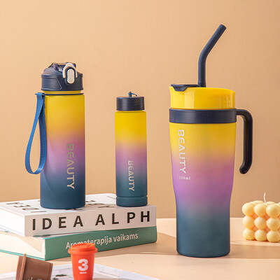 Set sticlă de apă cu gradient sport 3 în 1 cu paie Capacitate mare cu mâner elegant Sticla de băutură ceașcă de apă în aer liber