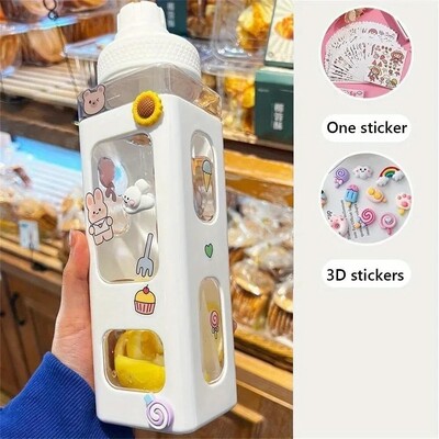 1ks Kawaii fľaša na vodu so slamkou a DIY 3D roztomilými nálepkami, plastový štvorcový pohár na vodu bez BPA, prenosný riad na kempovanie 12