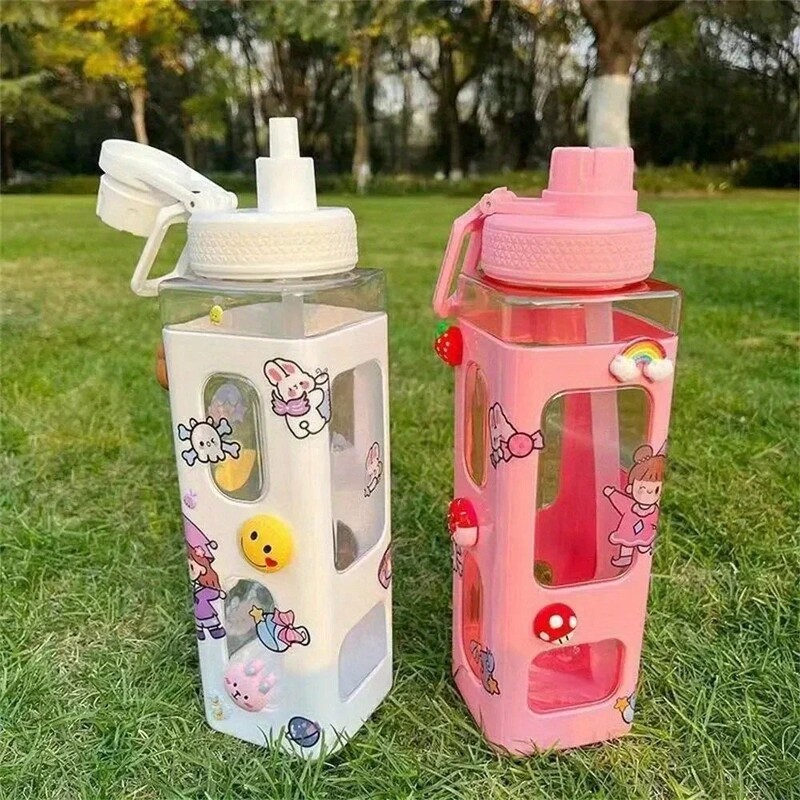 1ks Kawaii fľaša na vodu so slamkou a DIY 3D roztomilými nálepkami, plastový štvorcový pohár na vodu bez BPA, prenosný riad na kempovanie 12