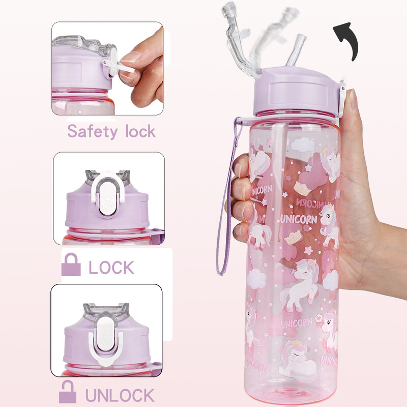 Karikatūras plastmasas ūdens pudele, caurspīdīga 750 ml dzēriena pudele Macaron abažūri ar pārnēsāšanas siksniņu, lieliski piemēroti sportam un āra aktivitātēm