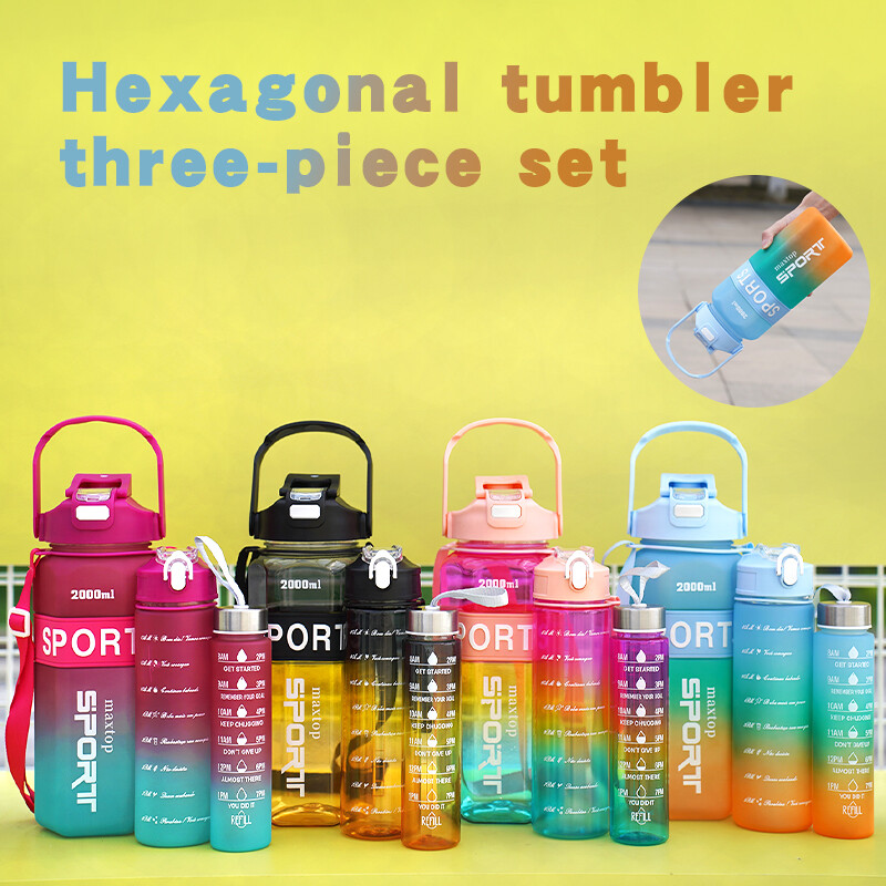 Šesterokutna 3-dijelna boca za vodu velikog kapaciteta s gradijentnom bojom za sportove na otvorenom, prijenosno dvostruko piće za aktivan stil života