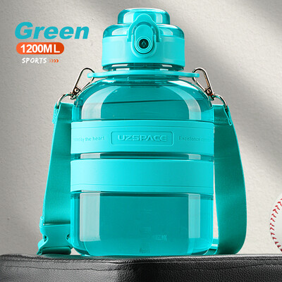 Sporta ūdens pudeles Plecu siksna Pārnēsājama necaurlaidīga Tritan plastmasas apļveida vai plakana tipa kauss āra ceļojumu tējkanna 800/1200ml