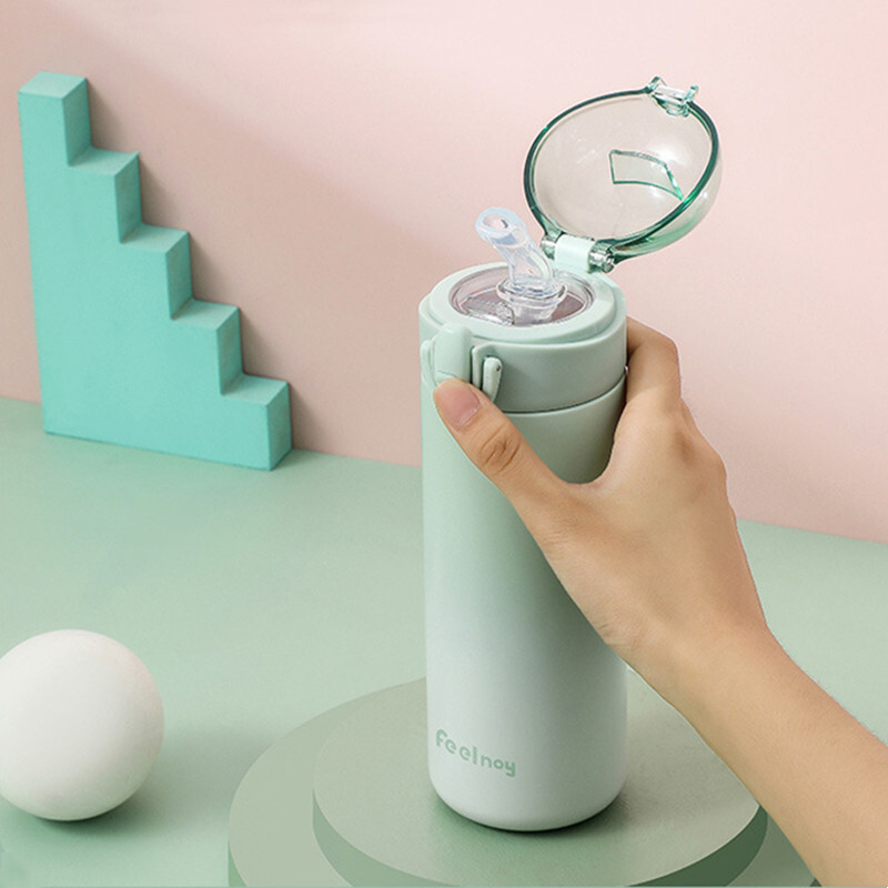 350 ml/420 ml dubultā nerūsējošā tērauda vakuuma kolba ar salmu krāsu maināmu dizainu, pārnēsājams jauks termosa krūze meitenei studentu krūze