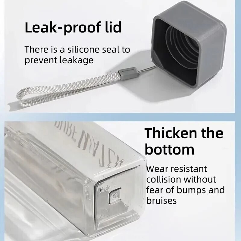 1 gab. caurspīdīga kvadrātveida dzeramā glāze Mate plastmasas pārnēsājamā ūdens pudelē ar piena kabeli āra sportam