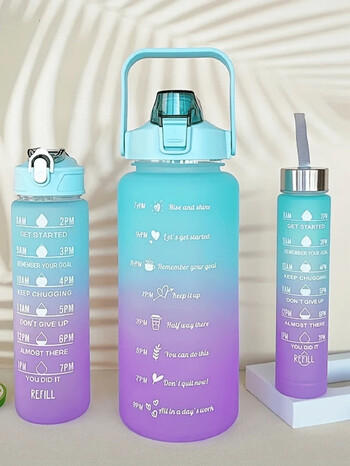 3PCs 2000ml,750ml,300ml Gradient Sports Bottles Water Σετ, φορητό, στεγανό, αθλητικό μπουκάλι νερού με δείκτη χρόνου εξωτερικού χώρου