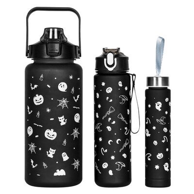 3 gab 2000 ml, 750 ml, 300 ml gradienta sporta ūdens pudeļu komplekts, pārnēsājams, necaurlaidīgs, sporta ūdens pudele ar laika marķieri āra lietošanai