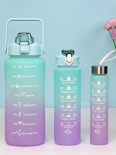 3 gab 2000 ml, 750 ml, 300 ml gradienta sporta ūdens pudeļu komplekts, pārnēsājams, necaurlaidīgs, sporta ūdens pudele ar laika marķieri āra lietošanai