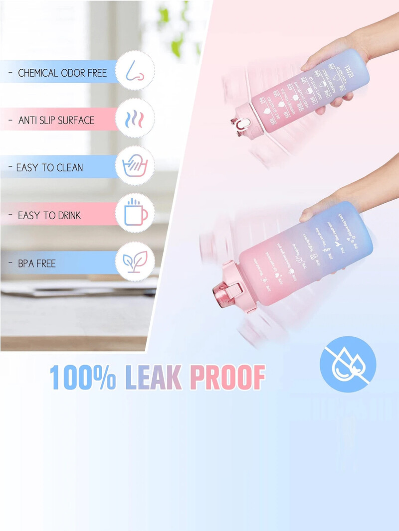 3 gab 2000 ml, 750 ml, 300 ml gradienta sporta ūdens pudeļu komplekts, pārnēsājams, necaurlaidīgs, sporta ūdens pudele ar laika marķieri āra lietošanai