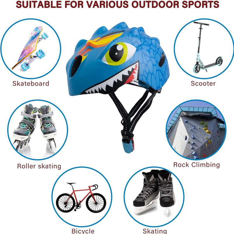 Toddler Helmet Bērnu velosipēdistu ķivere zēniem, meitenēm ar dinozauru 3D vieglā svara drošības sertifikātu, mazuļu veloslidošanas skrejriteņa ķivere