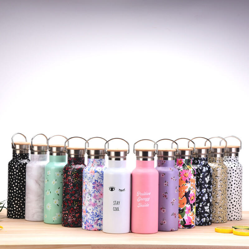 Sportska TERMO ŠALICA od 500 ML s ručkom, poklopcem od bambusa, posuđem s printom, vakuumskim bocama od nehrđajućeg čelika, bocom za vodu za kampiranje i teretanu