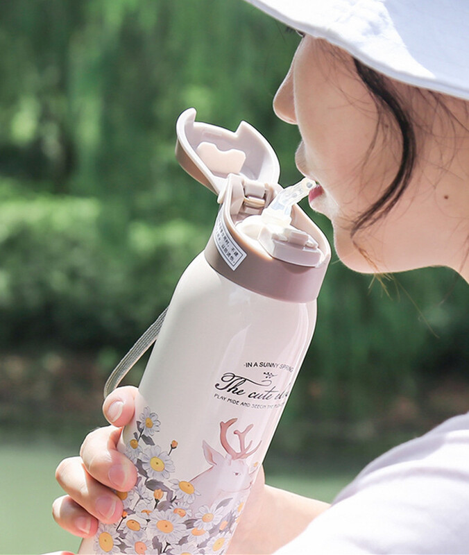 480 ml Fashion nerūsējošā tērauda 304 vakuuma kolba ar salmiem, necaurlaidīga termiskā ūdens pudele ar virvi