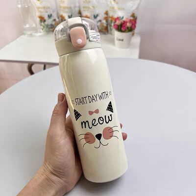 500 ml karikatūra kaķu nerūsējošā tērauda termokolba ar salmiem, pārnēsājami bērni, jauka ceļojumu termiskā ūdens pudele