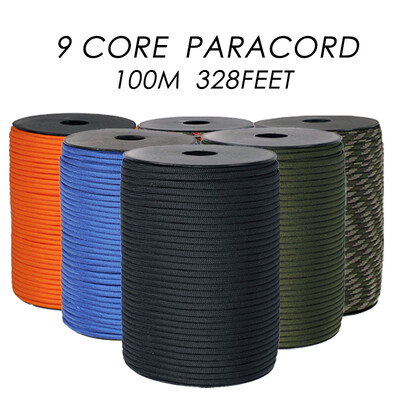 9 serdeņi 550 Paracord vads 100M 328PEET Dia.4mm āra kempinga izdzīvošanai Štrope Izpletņa virve pārgājienu telts piederumi