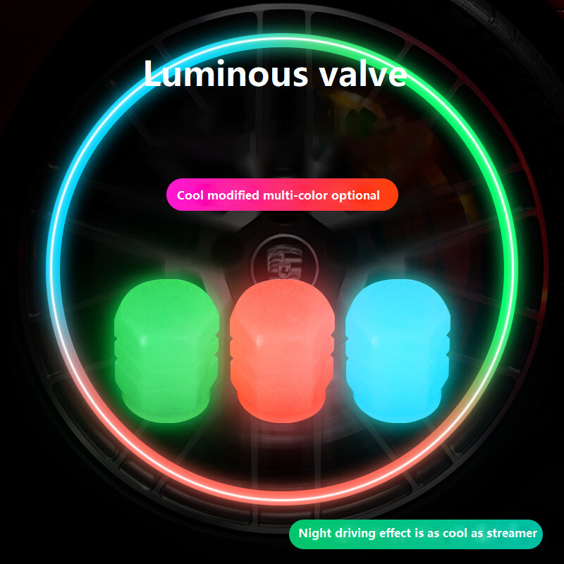 4gab Gaismas vārstu vāciņi Fluorescējoši nakts kvēlojoši automobiļi motocikli velosipēda riteņi rumbas gaismas vārsta kāta vāciņu dekori