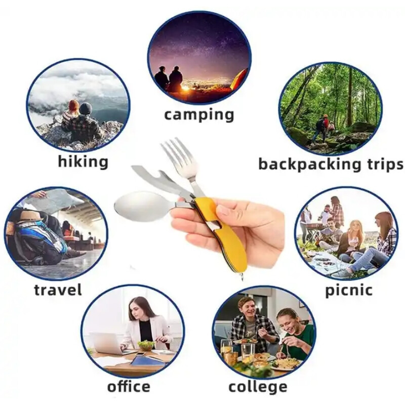 Tacâmuri din oțel inoxidabil 4 în 1 Vesela de picnic în aer liber Cuțit pliabil Furculiță Linguriță Deschizător de sticle Set de tacâmuri de buzunar pliabil