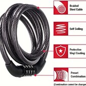 Kombinēta velosipēda slēdzene pret zādzību — spēcīgs tērauda kabelis, izturīgs pret urbšanu, izturīgs pret skrāpējumiem — viegli nostipriniet savu velosipēdu