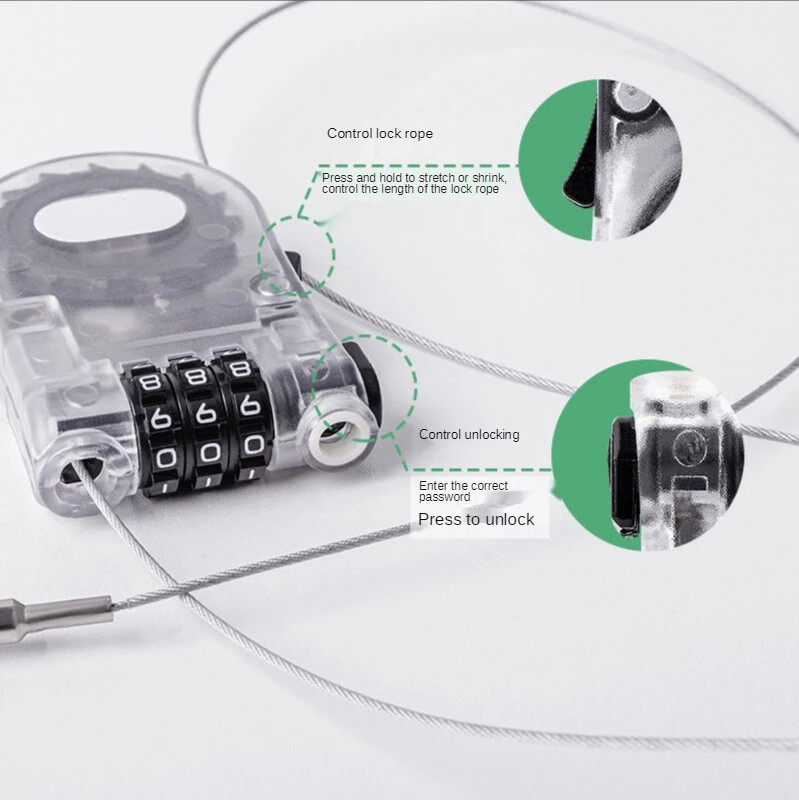 Izvelkama kabeļa slēdzene, drošības paroles atslēga tērauda kabeļu bagāžas slēdzene, kombinēta slēdzene 3 ciparu āra ūdensizturīga piekaramā atslēga