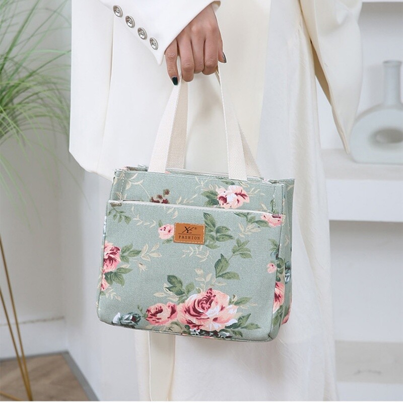 Modes ziedu apdrukas pusdienu soma, izolēta liela ietilpība, Bento soma termiskā dzesētāja rokassomiņa skolas darbam ceļojumu piknika soma Jauna