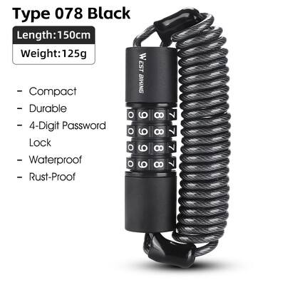 WEST BIKING Portatīvā velosipēda slēdzene Parole Virve Ķivere Slēdzene Velosipēda drošības slēdzene Tērauda stieples slēdzene Kalnu velosipēda mugursomas slēdzene Cinks