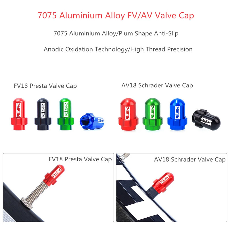 RISK Capac de supapă Schrader din aliaj ușor de aluminiu, anvelopă de bicicletă de drum de munte, FV/AV Presta, capac de praf, 2 buc.