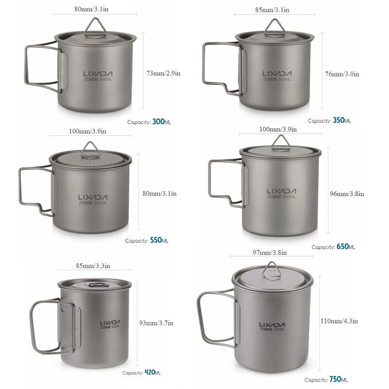 Īpaši viegls titāna krūzes āra portatīvais kempinga piknika ūdens krūze ar salokāmu rokturi 300 ml / 350 ml / 450 ml / 550 ml / 650 ml