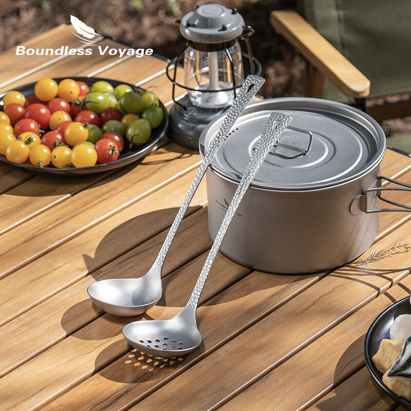 Neierobežota Voyage titāna karote 1 gab. Izturīgs zupas kauss ar gariem rokturiem servēšanas karotes kausi mērču mērču gatavošanai