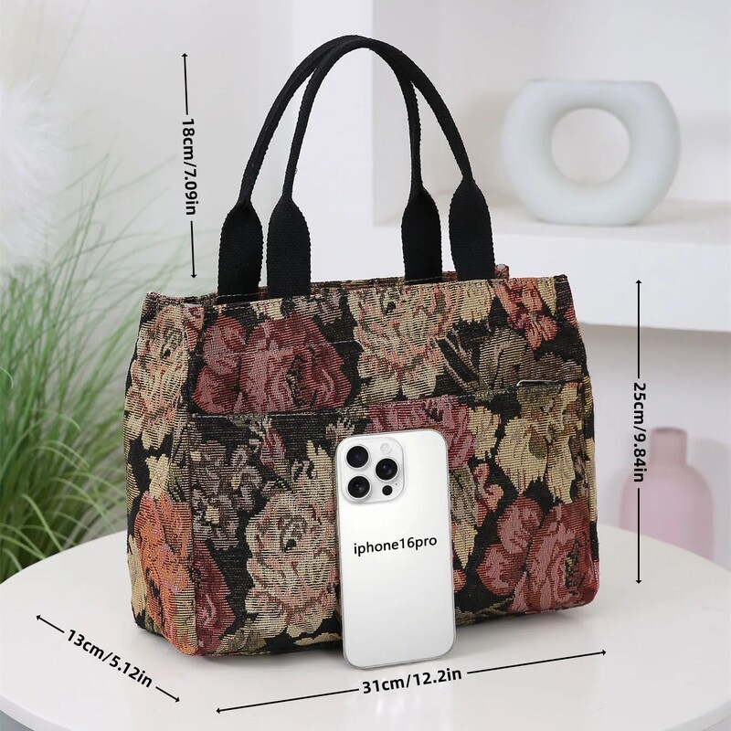 Ziedu apdrukas sieviešu soma, smaga auduma soma, pārnēsājama darbam, augstas ietilpības modes soma visiem gadījumiem