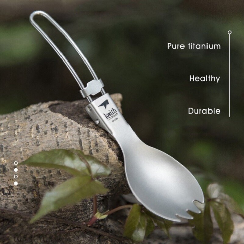 Kīta titāna galda piederumi Spork Fork Karote Pārnēsājami Veselīgi, Viegli āra piknika saliekamie galda piederumi Ti5301