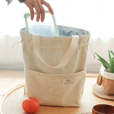 Sac de prânz izolat din pânză cu șnur Îngroșați Folie de aluminiu Cutie termică Bento Tote Cooler Genți de mână Container pentru cină pentru picnic