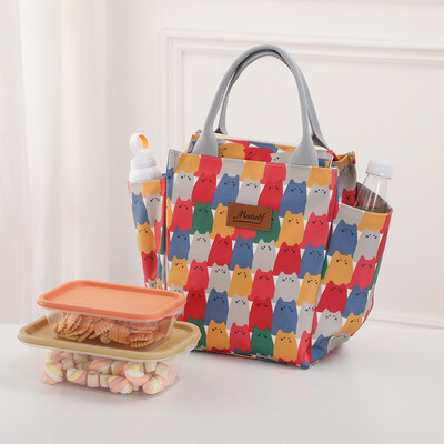 Biroja darbinieki iziet ar pusdienu kastes maisiņu termo bento soma modes rokassomiņa nēsā mammas somu