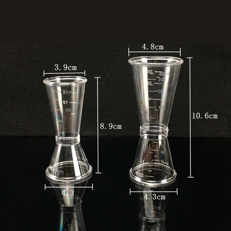 Divkārša caurspīdīga Jigger unces krūze 10/20 ml 20/40 ml plastmasas sveķu piena tēja kafijas maisīšanas skala mērglāze mājas bāra piederumi