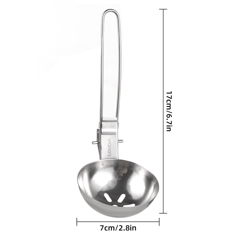 2 gab. Nerūsējošā tērauda skimmeris ar rievām karote un zupas kauss ar garu rokturi, servēšanas piederumi, saliekami kempinga galda piederumi