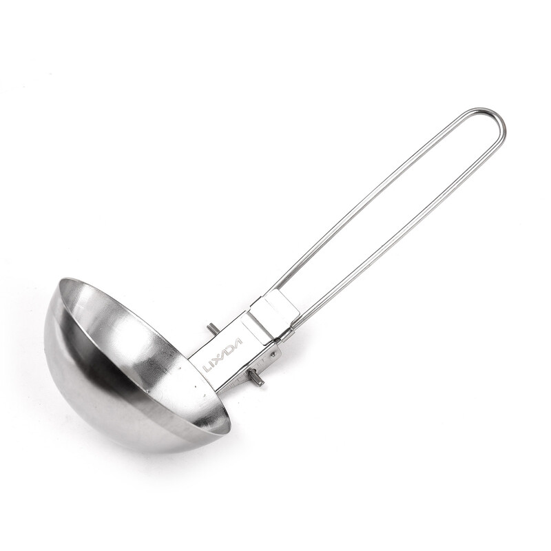 2 gab. Nerūsējošā tērauda skimmeris ar rievām karote un zupas kauss ar garu rokturi, servēšanas piederumi, saliekami kempinga galda piederumi