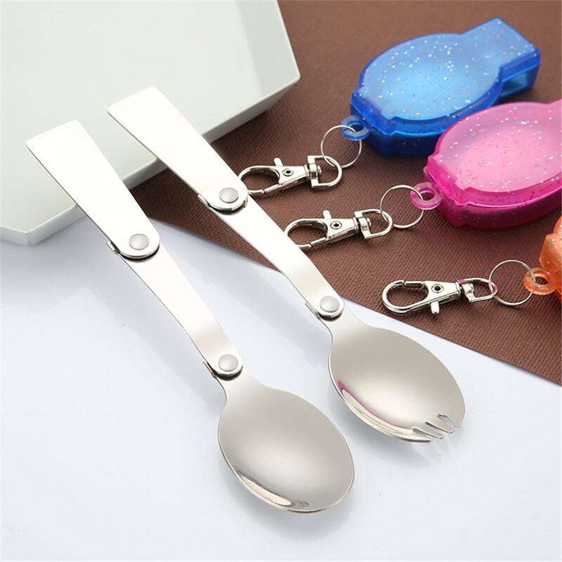 Āra saliekams ceļojumu kempinga trauks nerūsējošā tērauda kabatas karotes dakša, maza salokāma karotes dakša kempinga piknika rīks galda piederumi