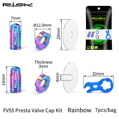 RISK titāna velosipēda riepas vārsta vāciņš ar uzgriezni/uzgriežņu atslēgu/aizsardzības uzlīmju komplektu šosejas velosipēda Presta vārsta putekļu necaurlaidīga vāka piederumi