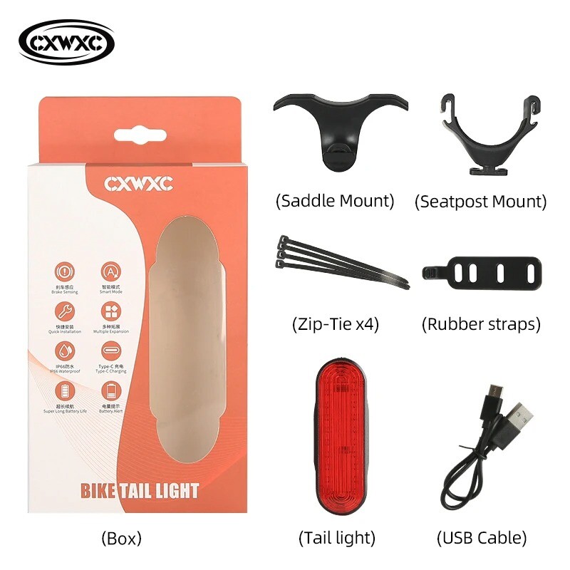 Velosipēda bremžu sensors Aizmugurējais lukturis 6 apgaismojuma režīmi Viedie aizmugurējie lukturi IP6 ūdensizturīgi 800mAh C tipa velosipēda lukturi riteņbraukšanas drošība