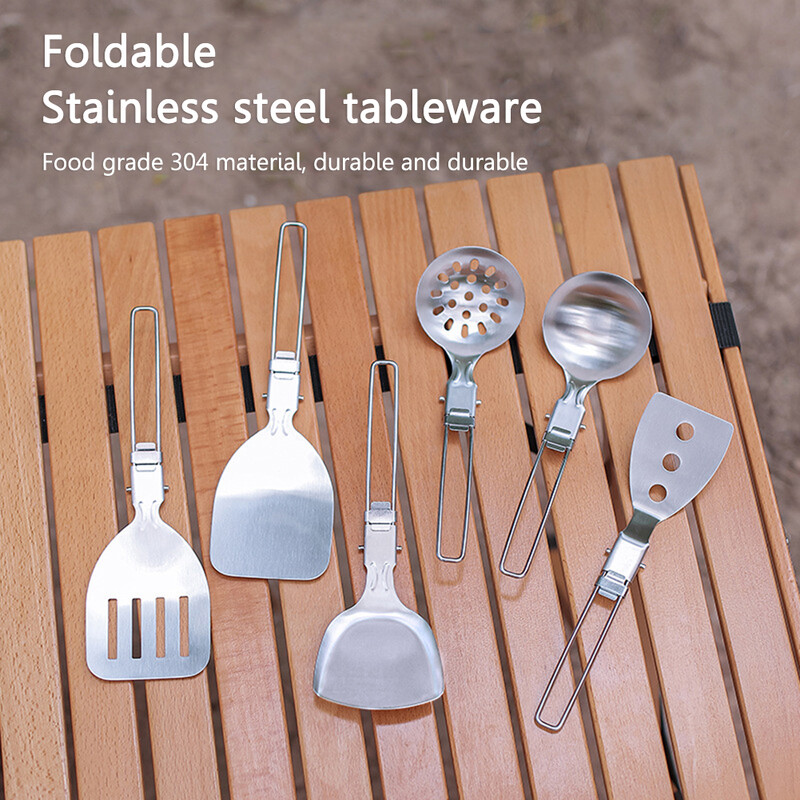 Saliekamā lāpstiņa karote lāpsta Ēdienu virpotājs saliekamā karote nerūsējošais tērauds āra kempings BBQ gatavošanas galda piederumi piknika piederumi